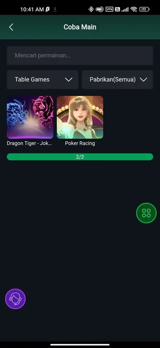 Table games termasuk Dragon Tiger dan Poker Racing