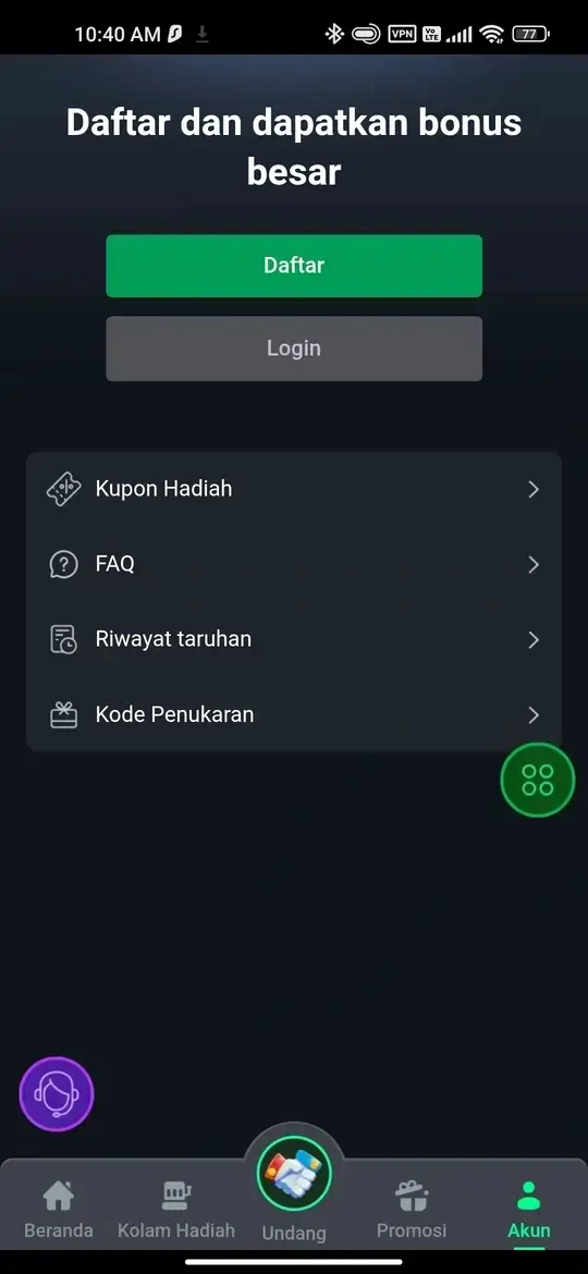 Menu akun dengan opsi daftar login dan riwayat taruhan