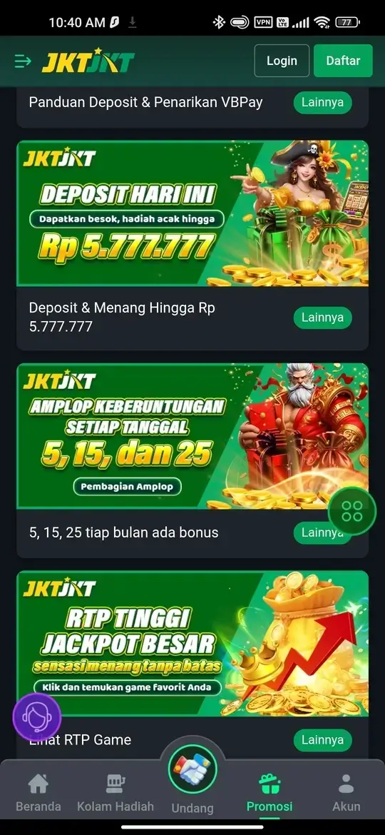 Halaman promosi dengan bonus deposit dan amplop keberuntungan