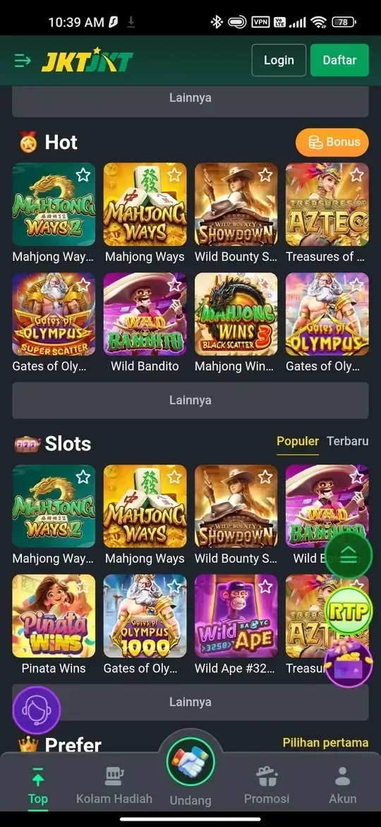 Tampilan utama aplikasi dengan koleksi slot dan game populer
